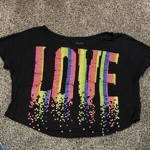 Black Crop Top with Colorful Glitter LOVE Graphic - Size Juniors Small